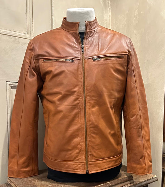 Ollie | Mens Leather Jacket | Tan | Zip Closed View