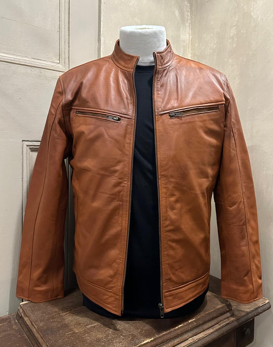 Ollie | Mens Leather Jacket | Tan | Zip Open View