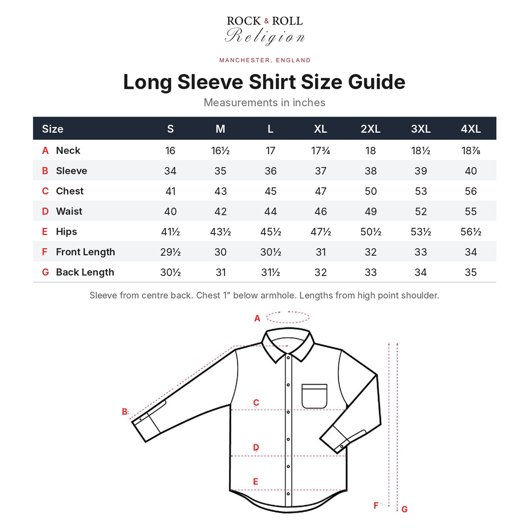 Rock & Roll Religion long sleeve shirt size guide