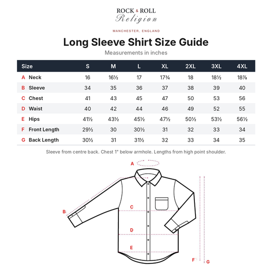 Rock & Roll Religion long sleeve shirt size guide