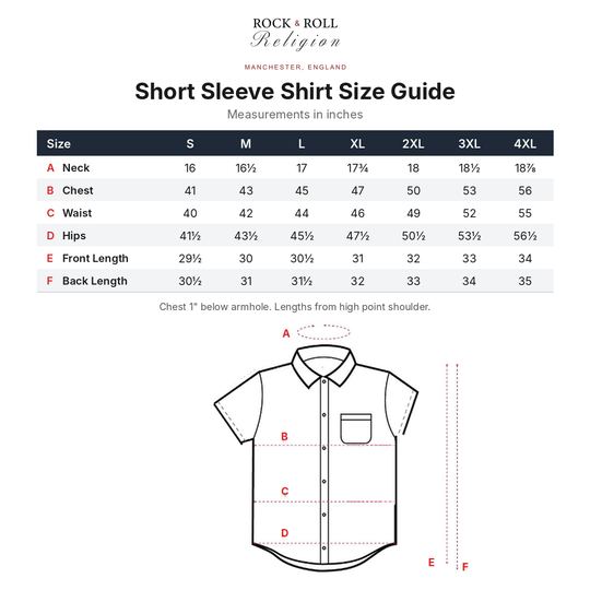 Rock & Roll Religion short sleeve shirt size guide
