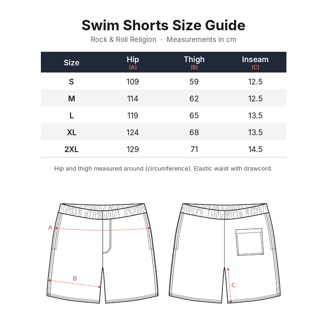 Rock & Roll Religion swim shorts size guide