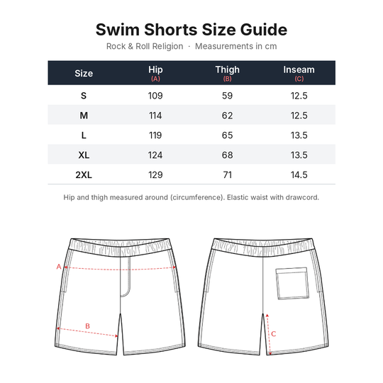 Rock & Roll Religion swim shorts size guide