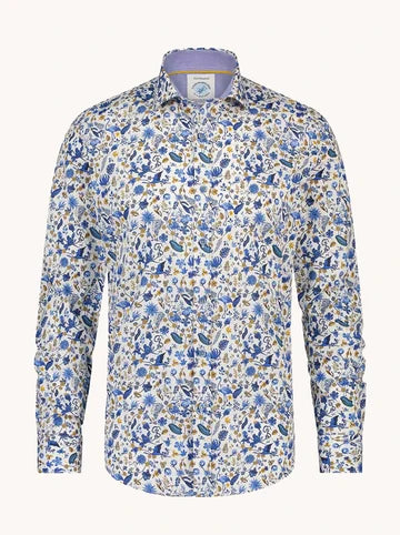A Fish Named Fred Flamingo print shirt detail