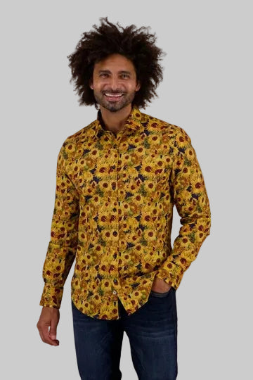 A Fish Named Fred Sunflowers print shirt detail