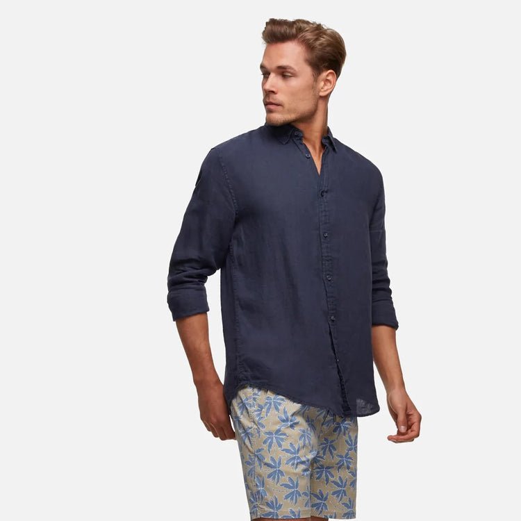 Tennyson Linen Shirt - Navy Blue - Side Look